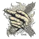 the hand of God reaching to hold another hand that is surrounded by fire with the words "another in the fire" tattoo design idea