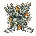 the hand of God reaching to hold another hand that is surrounded by fire with the words "another in the fire" tattoo design idea