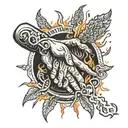 the hand of God reaching to hold another hand that is surrounded by fire with the words "another in the fire" tattoo design idea