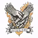 the hand of God reaching to hold another hand that is surrounded by fire with the words "another in the fire" tattoo design idea