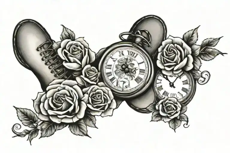 baby feet, pocket watch, roses tattoo design idea