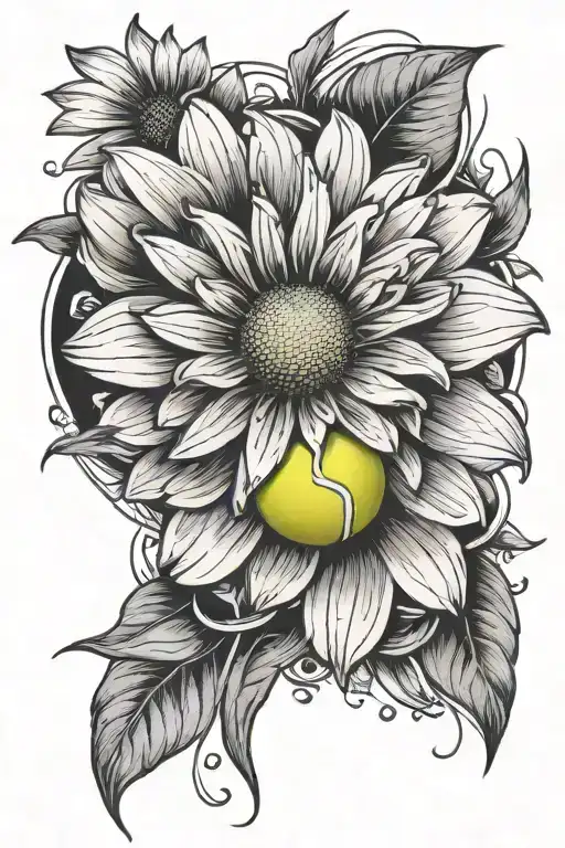 daisy flower with tennis ball surrounded tattoo design idea