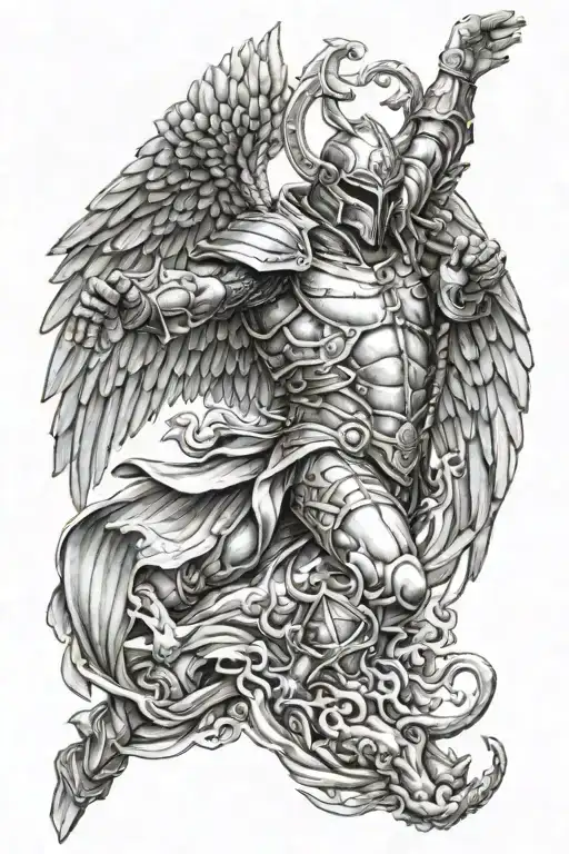 armored angel diving to earth fighting demons tattoo design idea