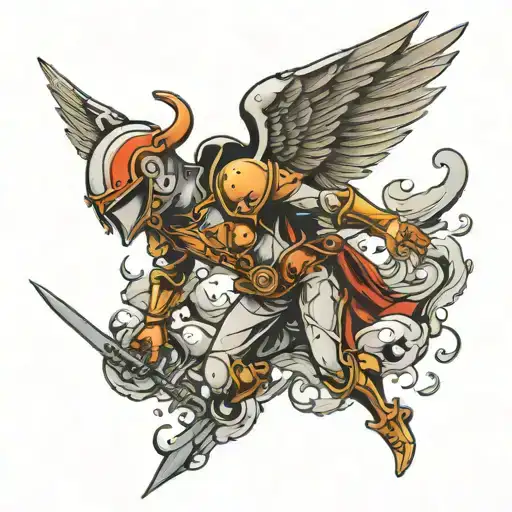 armored angel diving to earth to fight demons tattoo design idea