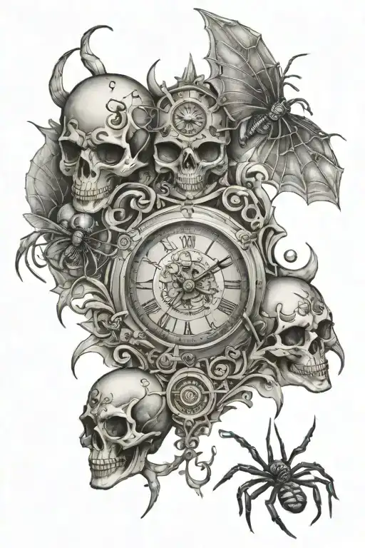 time and skulls and spiders tattoo design idea