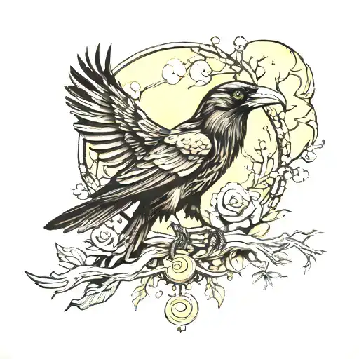 forest raven with scroll and moon tattoo design idea