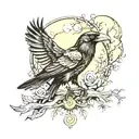 forest raven with scroll and moon tattoo design idea