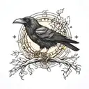 forest raven with scroll and moon tattoo design idea