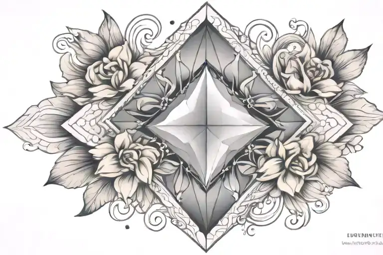 diamond shape topaz gemstone surrounded by stretch curved flowers  tattoo design idea