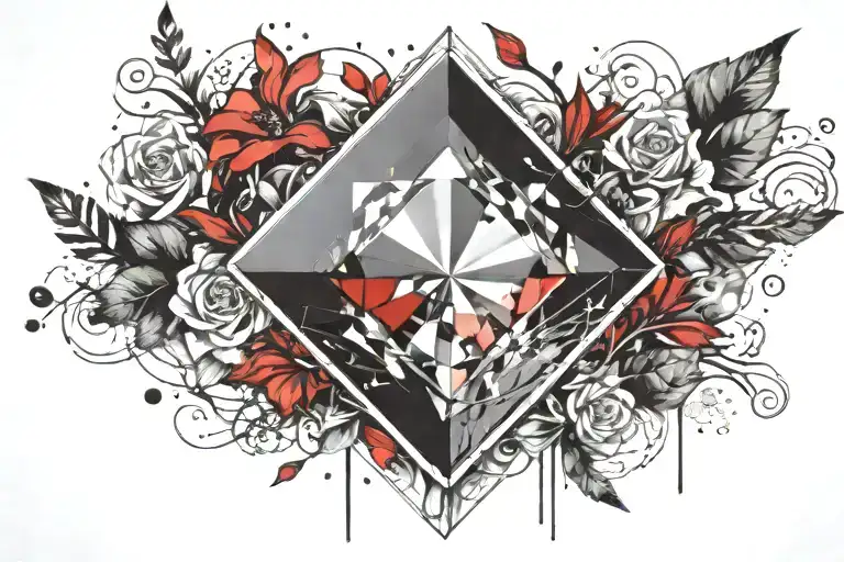 diamond shape topaz gemstone surrounded by curved flowers  tattoo design idea