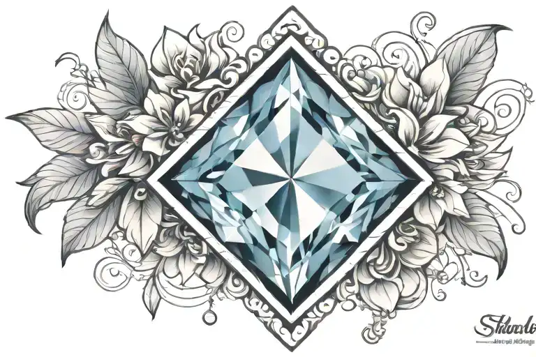 diamond shape topaz gemstone surrounded by curved flowers  tattoo design idea
