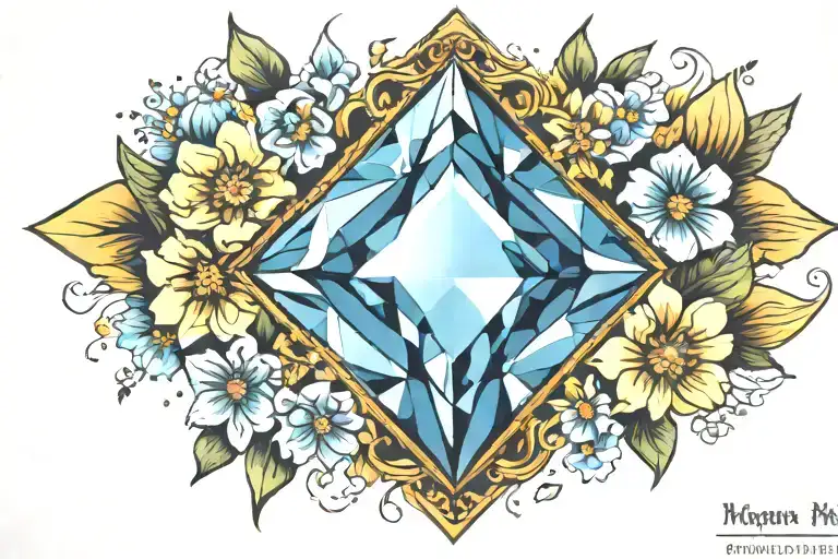 diamond shape topaz gemstone surrounded by curved flowers  tattoo design idea