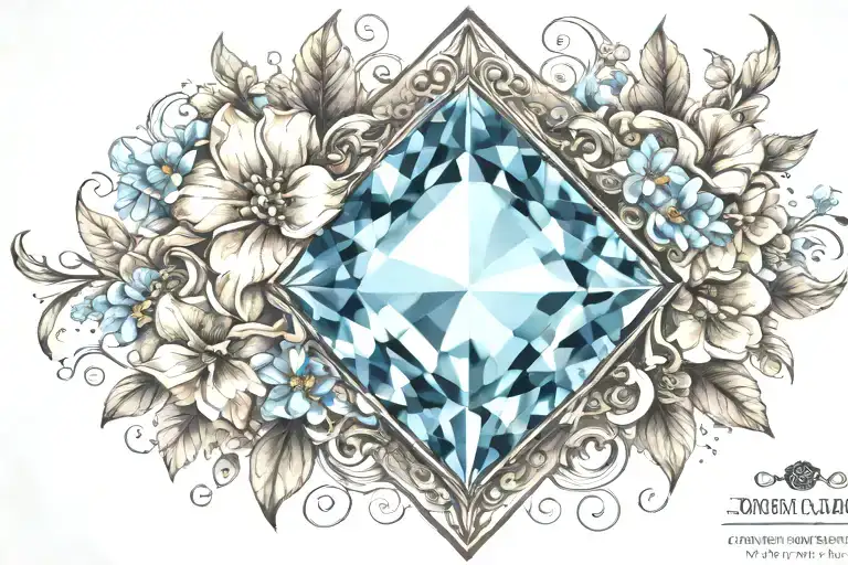 diamond shape topaz gemstone surrounded by curved flowers  tattoo design idea