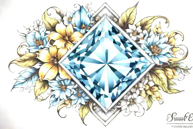 diamond shape topaz gemstone surrounded by curved flowers  tattoo design idea