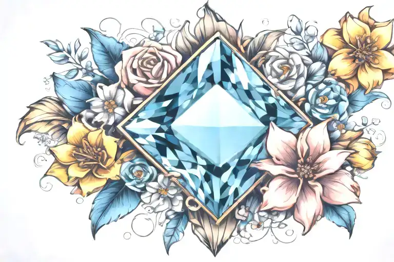diamond shape topaz gemstone surrounded by curved flowers  tattoo design idea