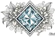diamond shape topaz gemstone surrounded by curved flowers  tattoo design idea