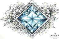 diamond shape topaz gemstone surrounded by curved flowers  tattoo design idea