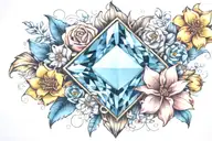 diamond shape topaz gemstone surrounded by curved flowers  tattoo design idea