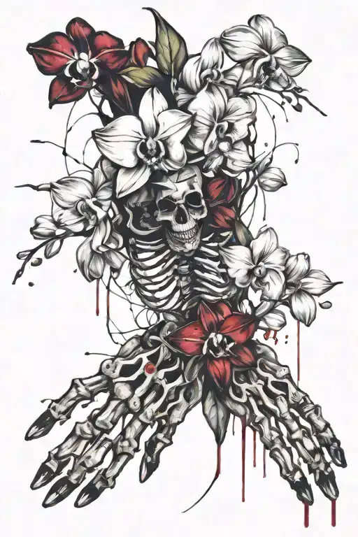 skeleton hand holding orchid tattoo design idea