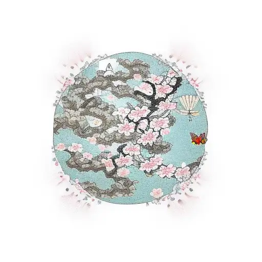 A traditional Japanese sleeve tattoo featuring cherry blossoms and butterflies tattoo design idea