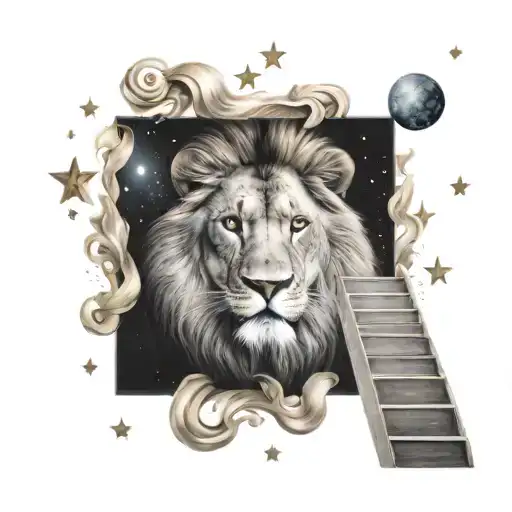 a lion climbing the stairs to heaven and stars tattoo design idea