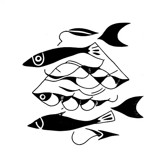 school of handdrawn fish swimming in a diagonal curved diamond shape tattoo design idea
