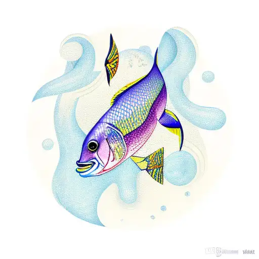 school of handdrawn fish swimming in a diagonal curved diamond shape tattoo design idea