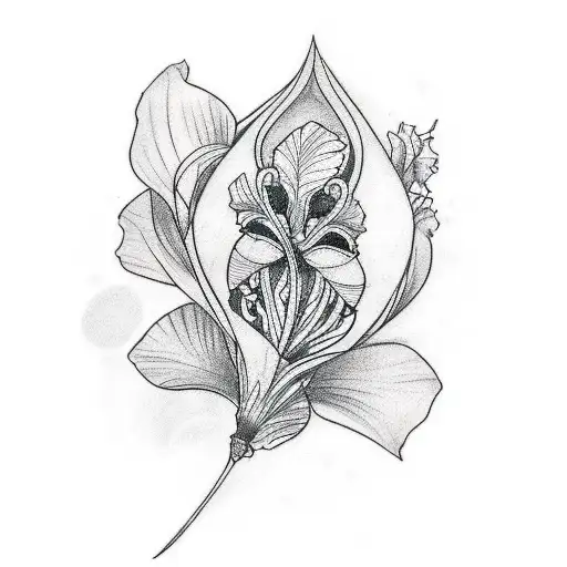 Design a medium size thigh tattoo in black/white fineline - diamond shape outline and incorporate a filling of - Iris fl tattoo design idea