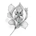 Design a medium size thigh tattoo in black/white fineline - diamond shape outline and incorporate a filling of - Iris fl tattoo design idea
