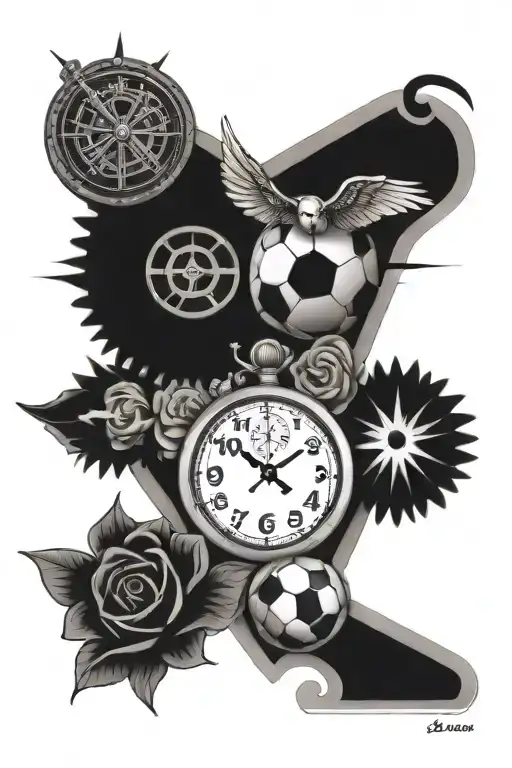 tragedy and comedy, cross, soccer ball, clock, flower tattoo design idea