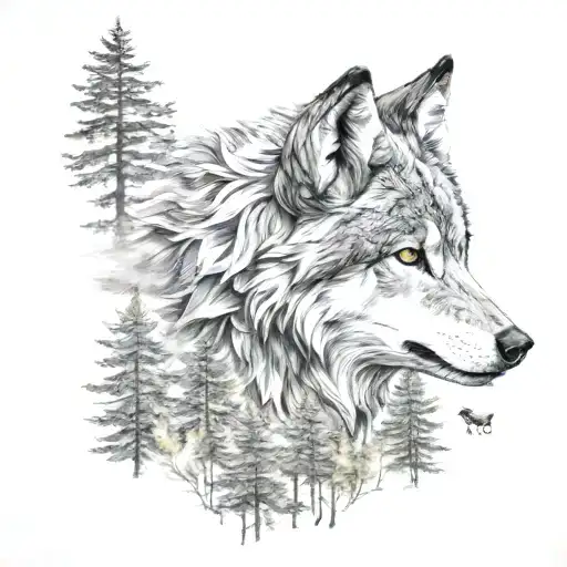 gray wolf and forest tattoo design idea