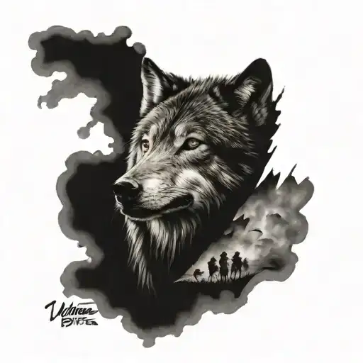 gray wolf and war zone  tattoo design idea