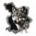 gray wolf and war zone  tattoo design idea