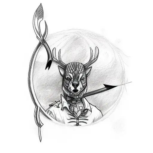 A sketch-style tattoo of a hunter with a bow and arrow in a woodland setting tattoo design idea