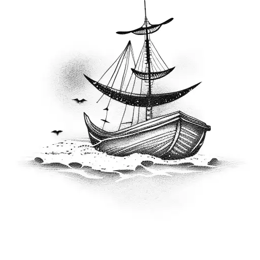 A dotwork tattoo of a fishing boat sailing on a serene ocean tattoo design idea