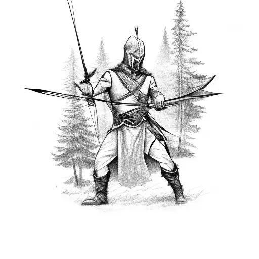 A sketch-style tattoo of a hunter with a bow and arrow in a woodland setting tattoo design idea