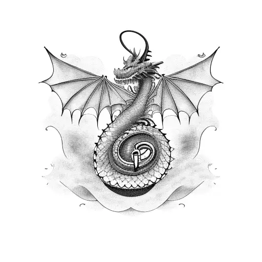 A dragon with musical notes forming its scales, inspired by Machine Gun Kelly's album 'Tickets to My Downfall' tattoo design idea