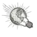 Light bulb with earth inside with sun rays off of the light bulb in black and white tattoo design idea