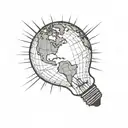 Light bulb with earth inside with sun rays off of the light bulb in black and white tattoo design idea