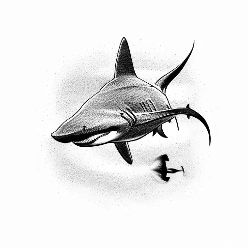 A minimalist and abstract tattoo of a sleek shark silhouette circling around a diver's equipment, using a combination of dotwork and blackwork techniques tattoo design idea