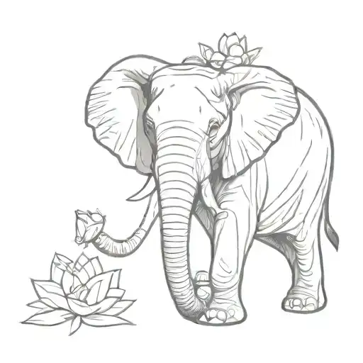 A minimalist sketch of an elephant with a lotus flower on its trunk tattoo design idea