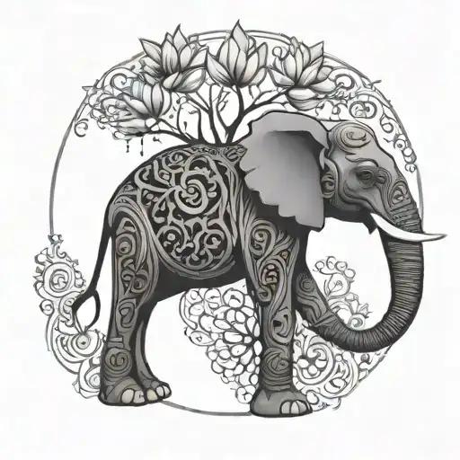 A symmetrical design combining elements of an elephant, lotus flower, and tree of life tattoo design idea