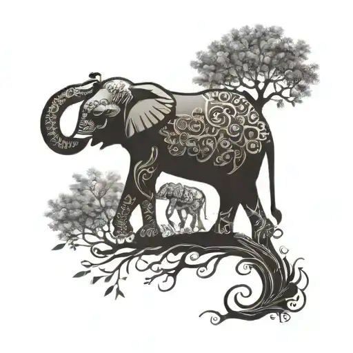 A tree of life with intricate elephant patterns intertwined within the branches tattoo design idea