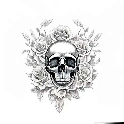 A skull made of silverware surrounded by roses and thorny vines tattoo design idea