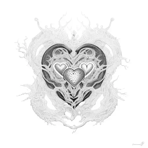 A dotwork tattoo of a chaotic heart in skull labyrinth, representing the client's complex and passionate personality. tattoo design idea