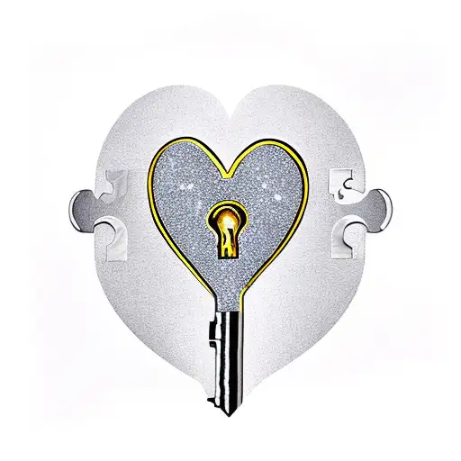 A heart-shaped lock with a keyhole made of gemstones, surrounded by intricate metalwork bw tattoo design idea