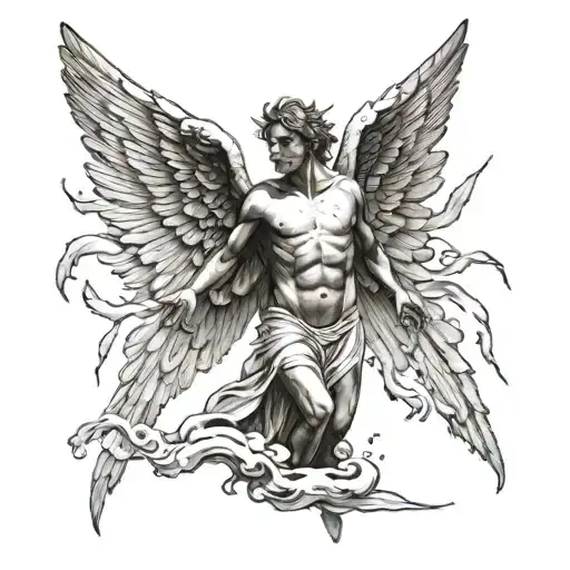 icarus angel with wax wings melting in the sun falling down tattoo design idea