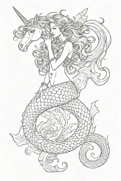 mermaid on big seahorse unicorn tattoo design idea