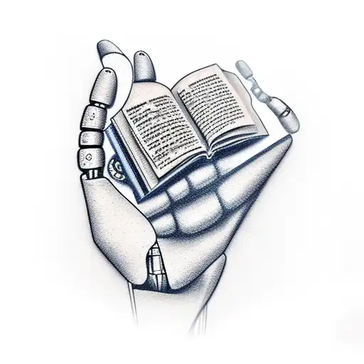 A realistic portrayal of a robotic arm holding a book with musical notes forming the shape of Sinaloa tattoo design idea