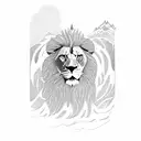 A forklift lifting a mountain range made of beer cans, with a lion standing on top and waves crashing below tattoo design idea